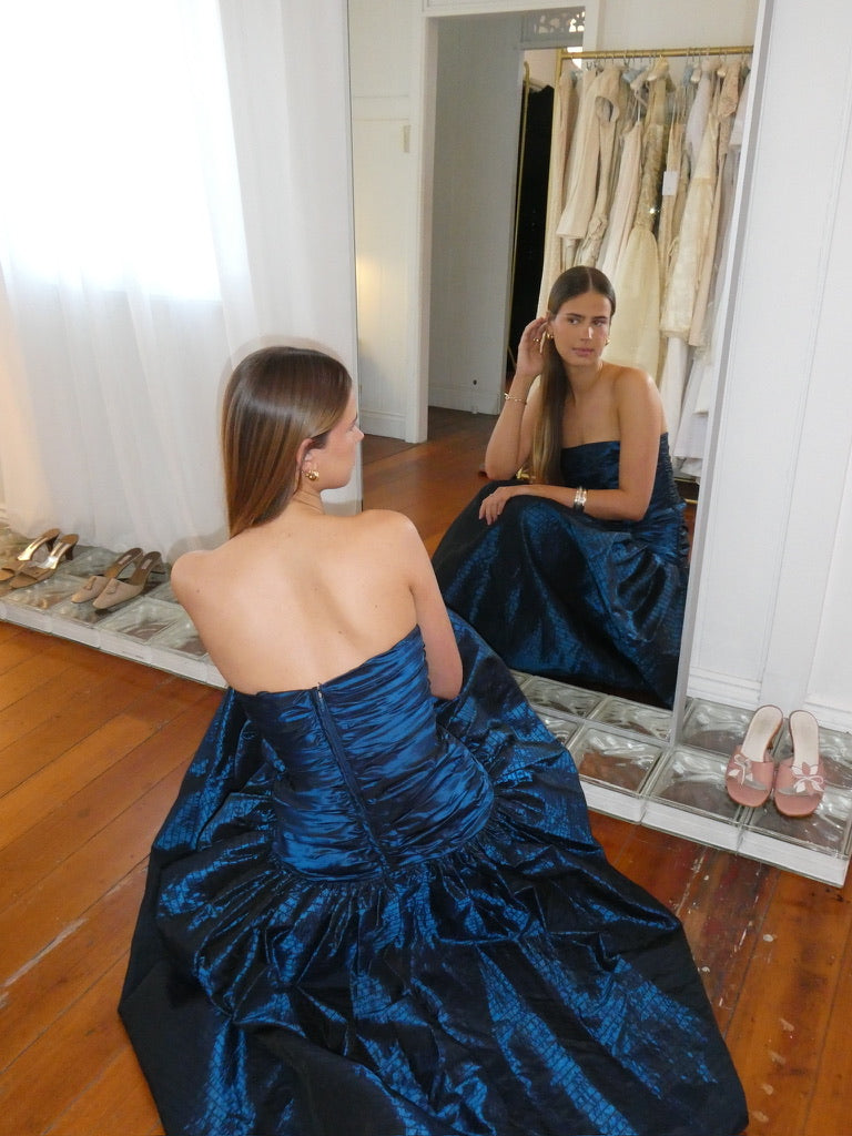 Vintage 80s Alyce blue strapless drop waist evening gown