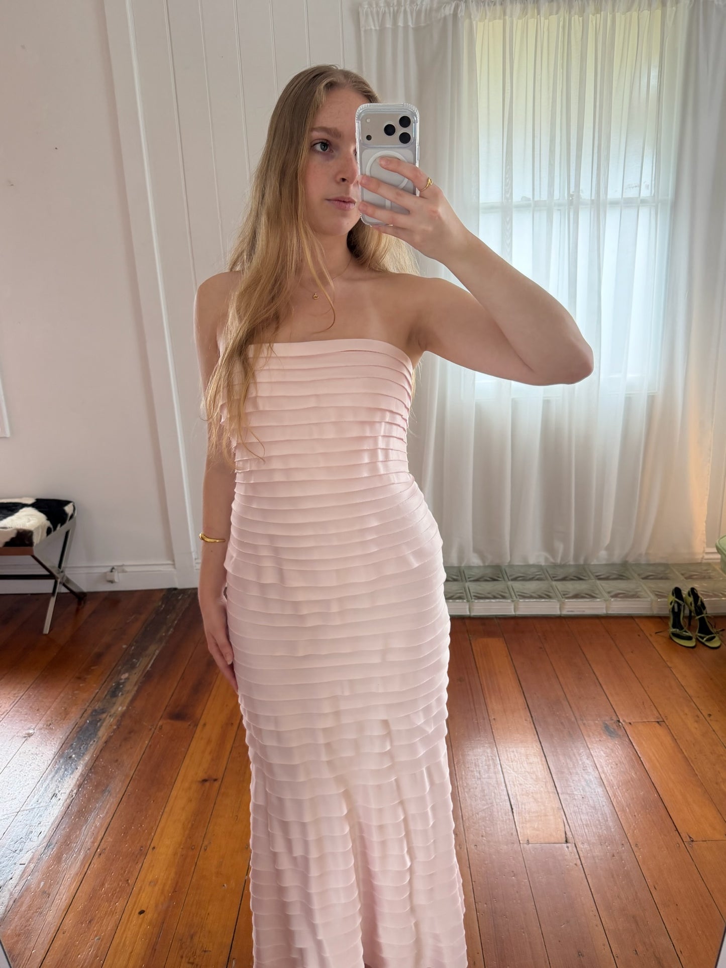 Vintage 90s Tadashi Shoji baby pink cascading pleated dress