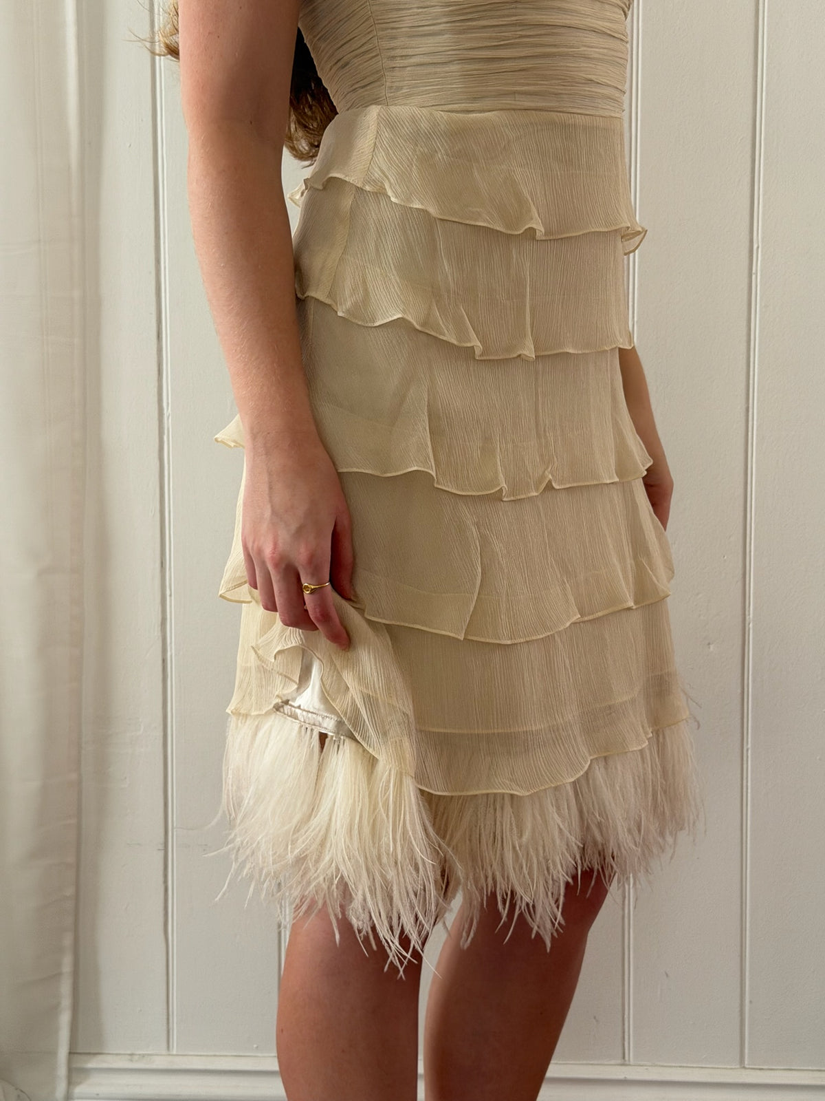 Vintage Y2K silk tiered midi dress with ostrich feather trim