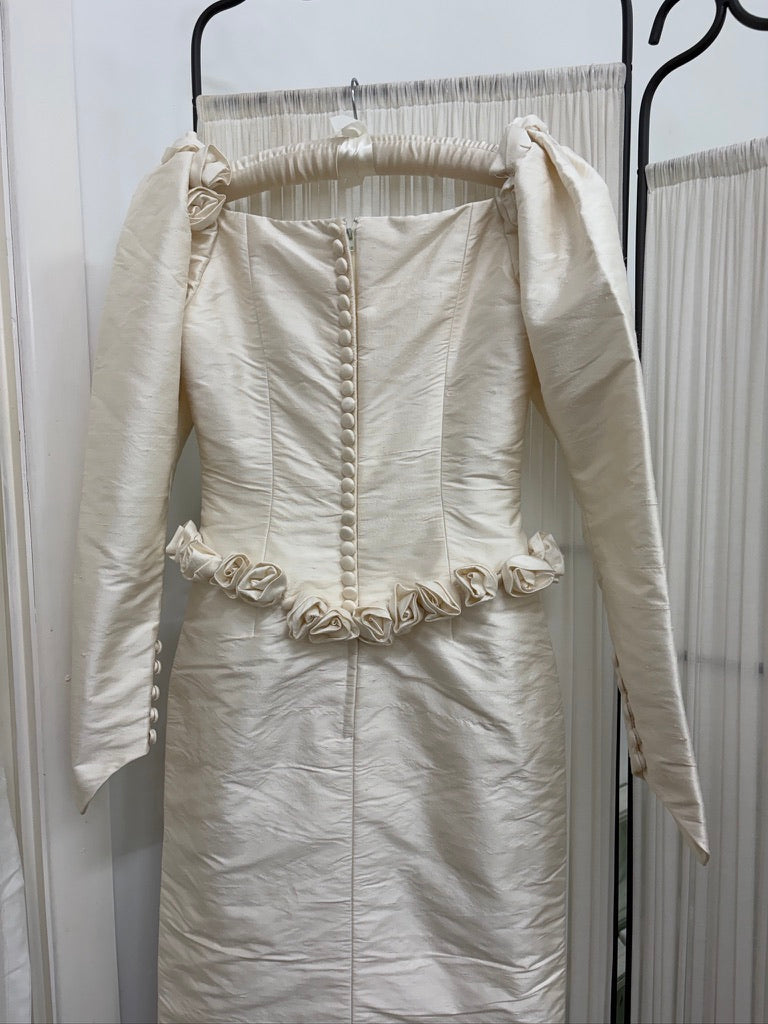 Vintage 90s silk dupion long sleeve rosette wedding gown with detachable train