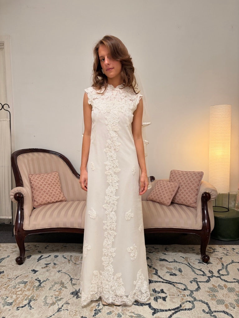 Vintage 60s Alfred Angelo high neck alençon lace column wedding dress