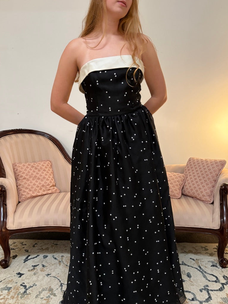 Vintage 00s Kay Unger black strapless polka dot evening dress