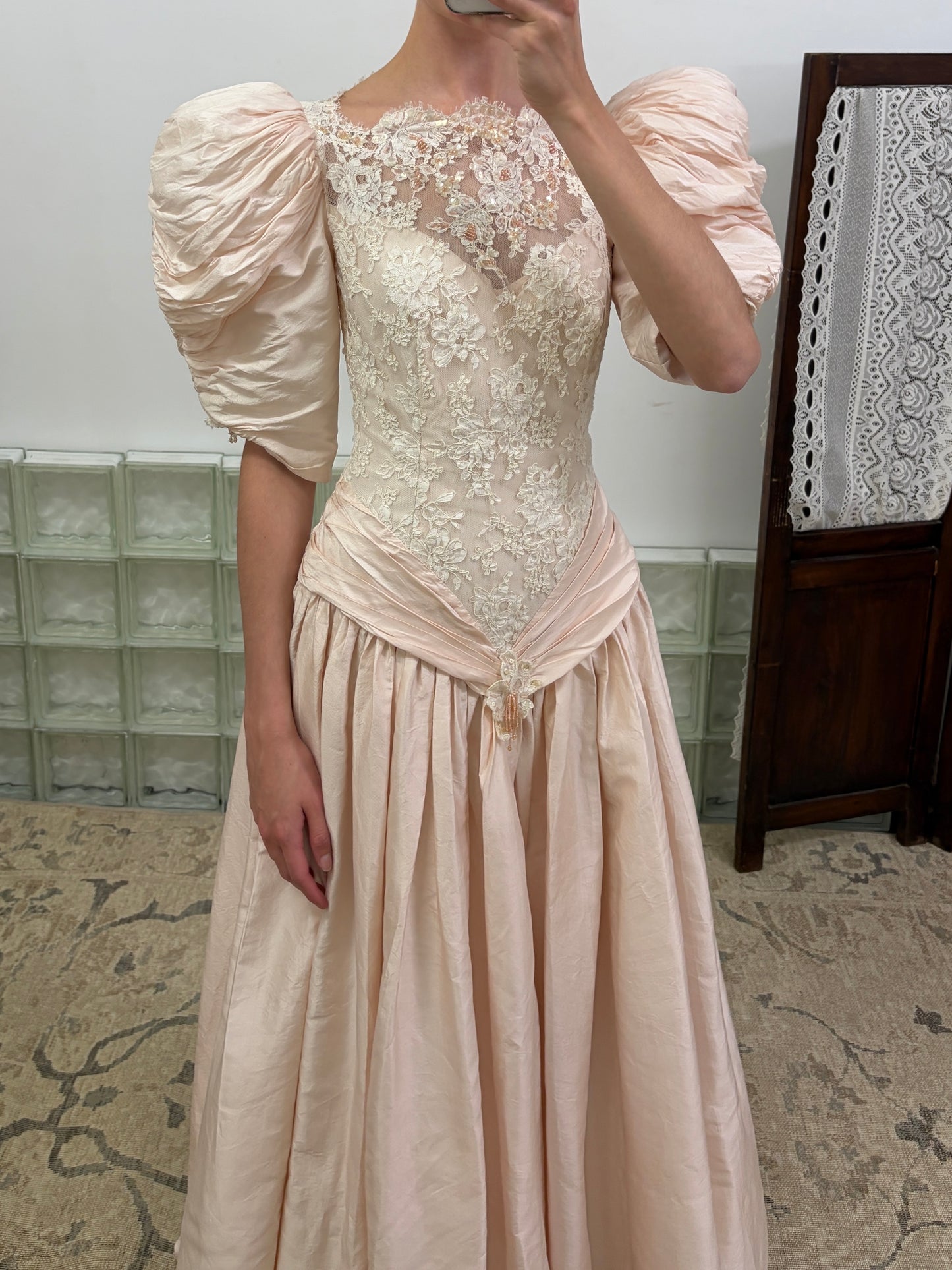 Vintage 80s ballerina pink puff sleeve basque waist gown