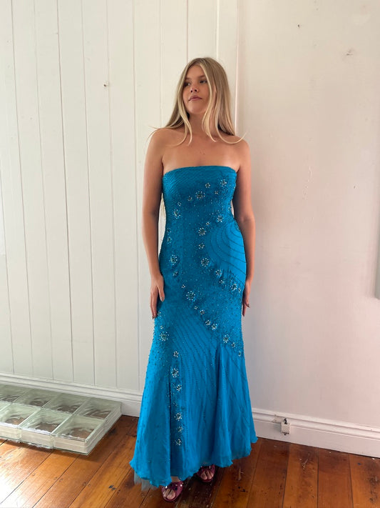 Vintage y2k silk beaded strapless formal dress ocean