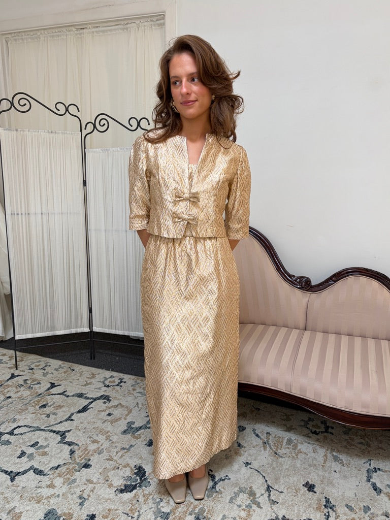 Vintage 60s gold sheath dress with matching bow jacket