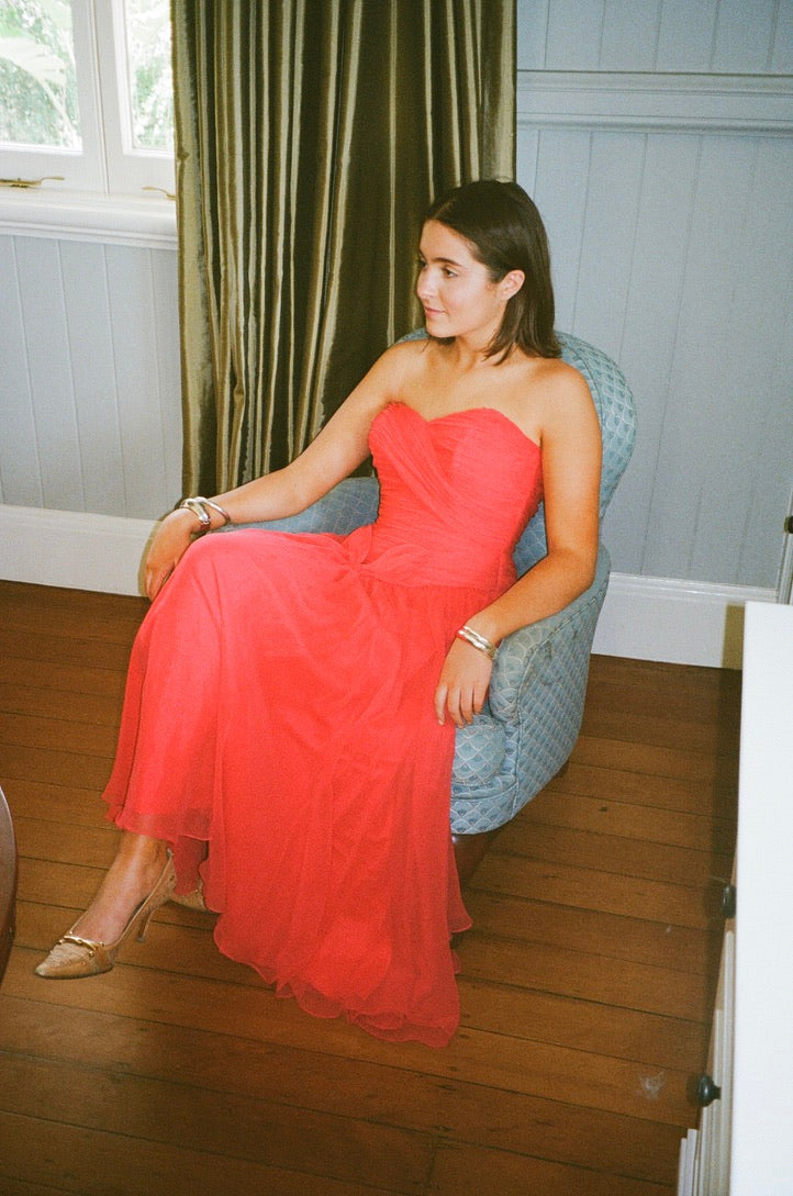 Vintage 80s red strapless basque waist gown with pleated bodice