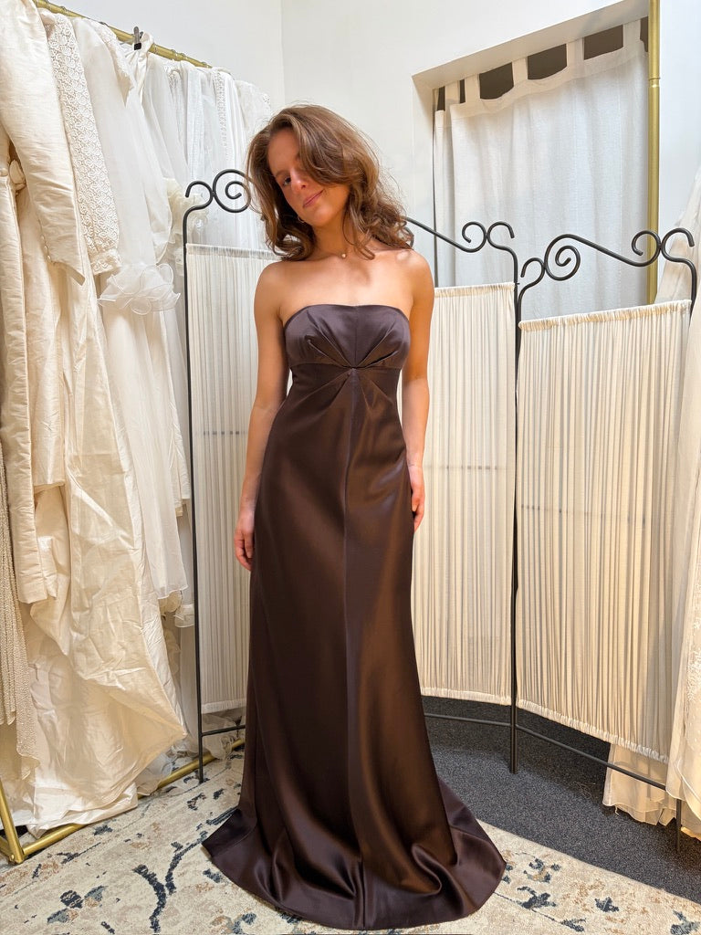 Vintage 90s Shelli Segal brown satin strapless evening gown