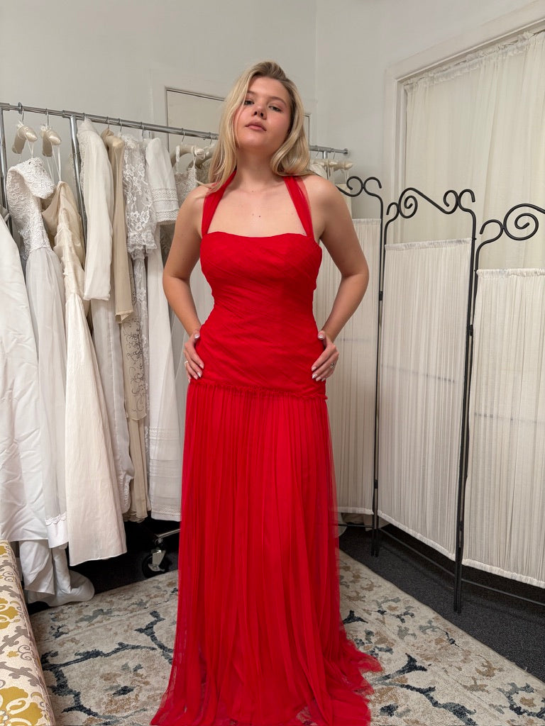 Vintage 00s Vera Wang red tulle drop waist evening dress