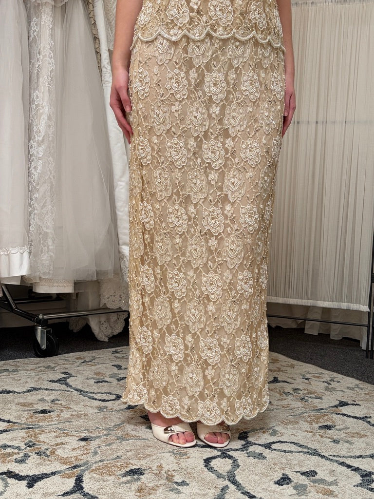 Vintage 90s high neck beaded champagne column dress