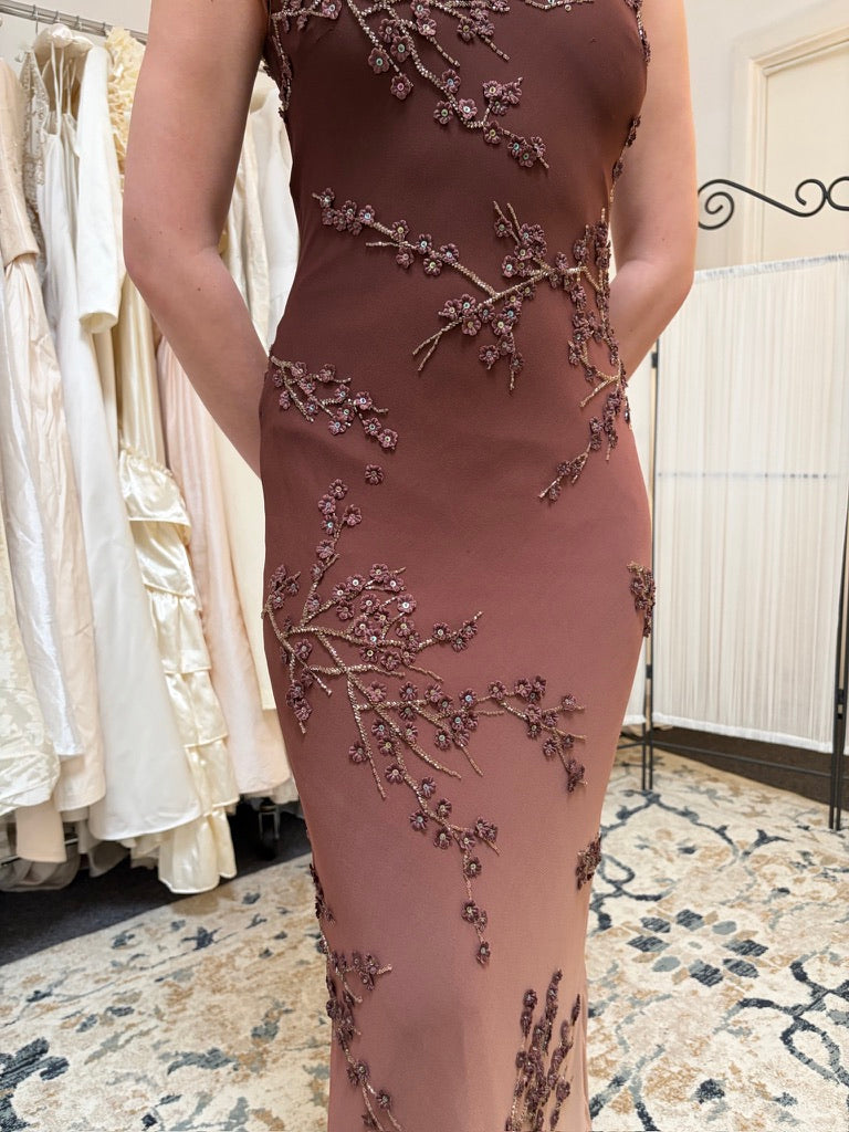 Vintage 00s Sue Wong high neck brown ombre beaded evening dress