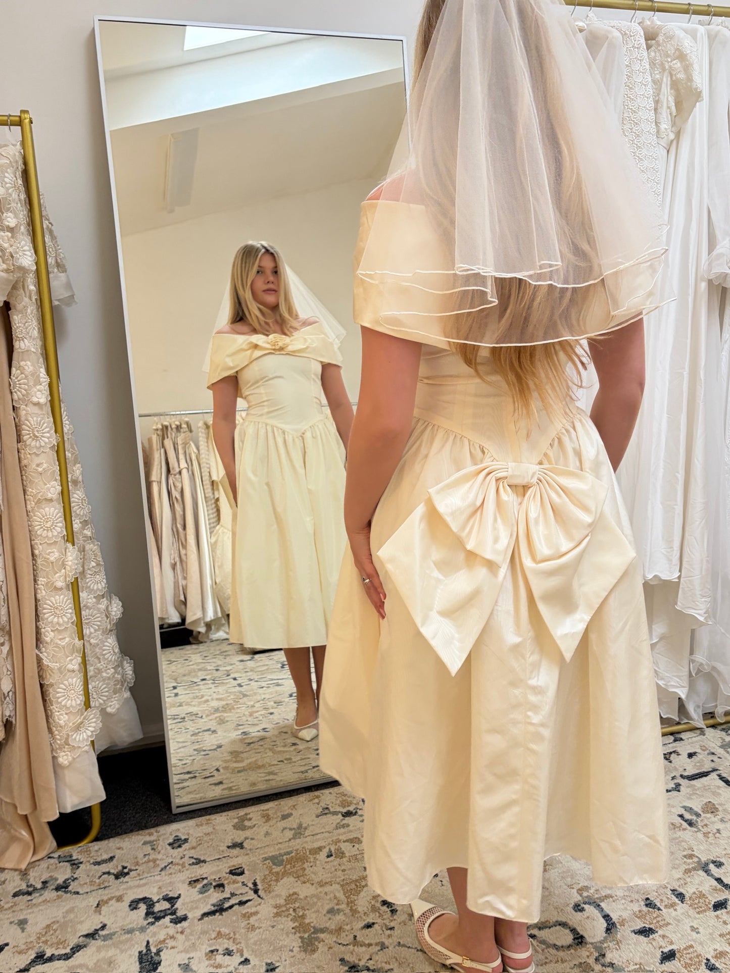 Vintage 90s cream off shoulder tea length basque waist wedding dress with rosette