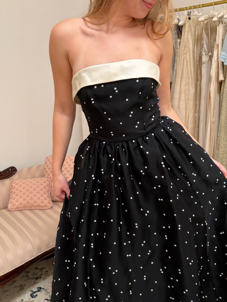 Vintage 00s Kay Unger black strapless polka dot evening dress