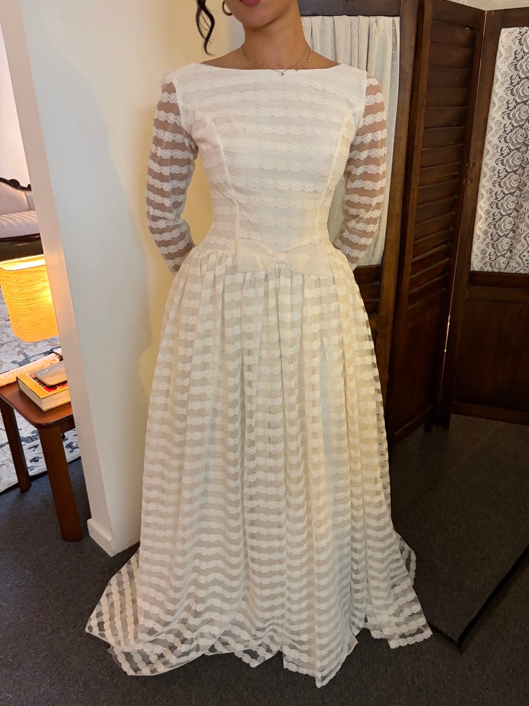 Vintage 60s lace long sleeve striped wedding gown with bows