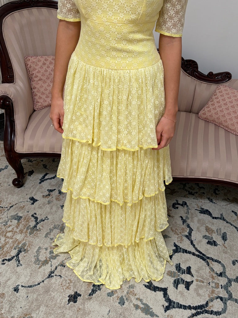 Vintage 70s lemon yellow tiered lace evening dress