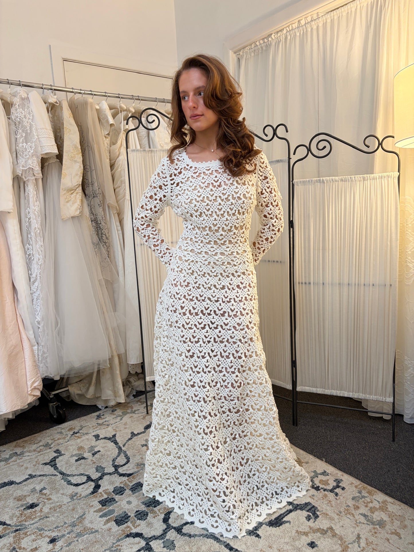 Vintage 70s ivory crochet long sleeve a-line wedding dress