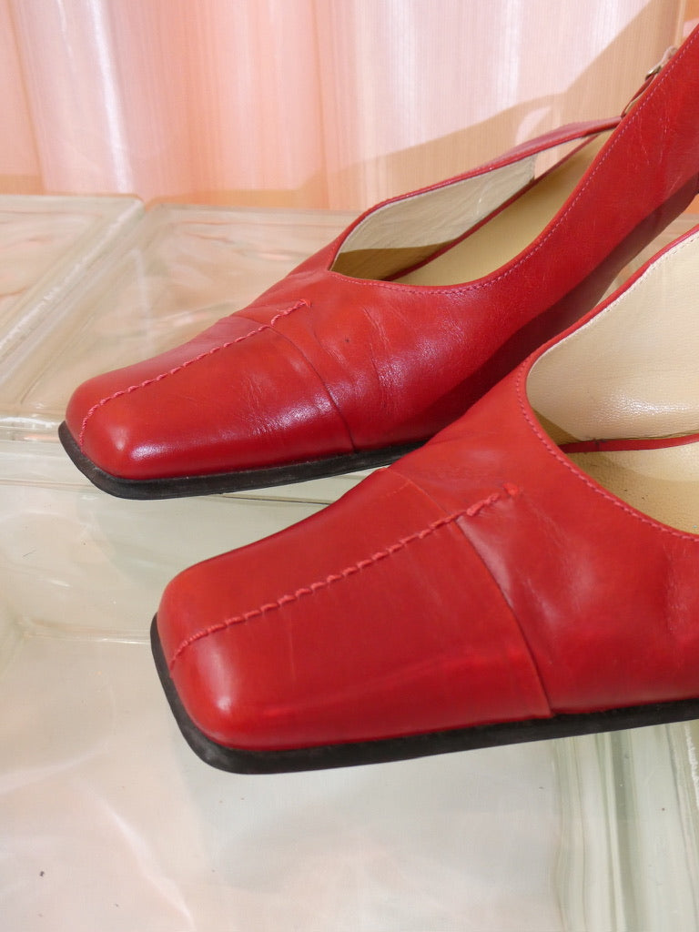 90s red leather square toe slingback kitten heels size 40