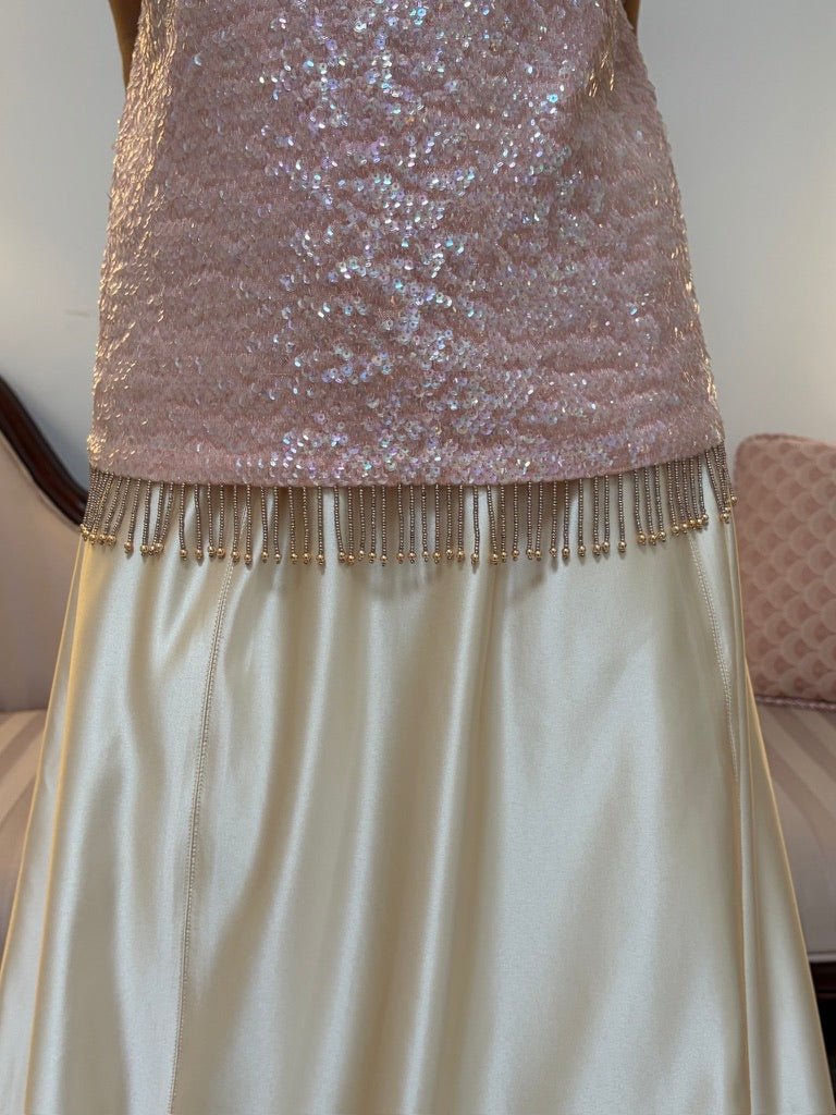 Vintage 60s pastel pink sequinned wool top with gold trim