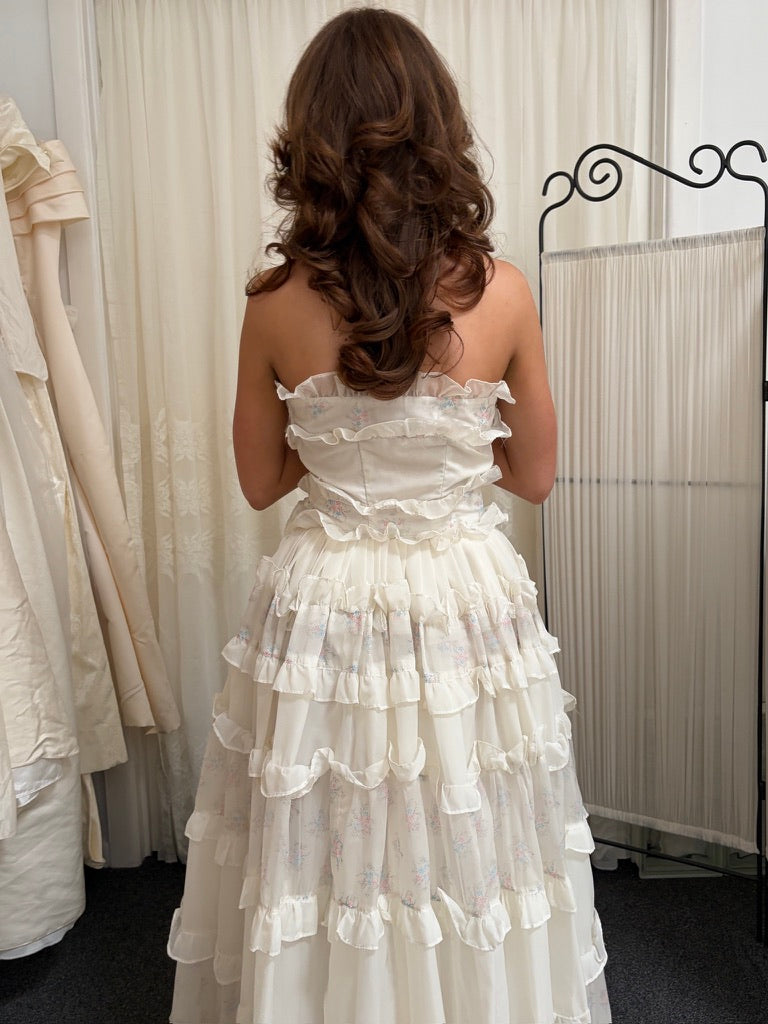 Vintage 60s ivory strapless cupcake dress with floral trim and ruffles