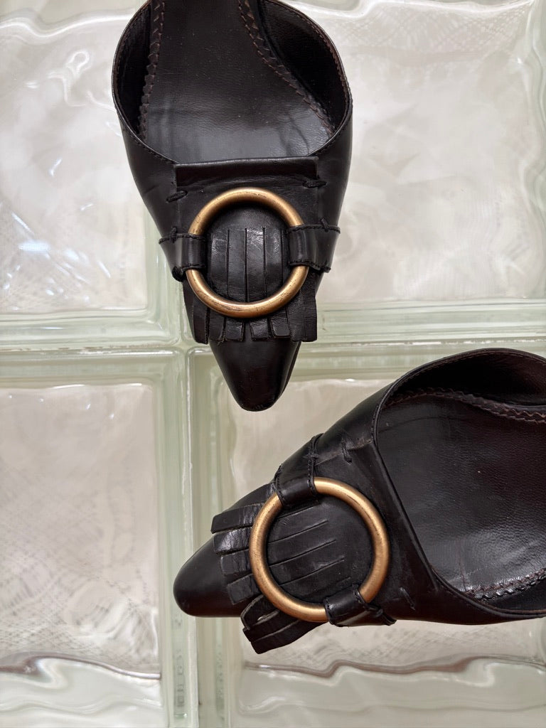 Vintage Yves Saint Laurent black leather pointed toe slingback kitten heels