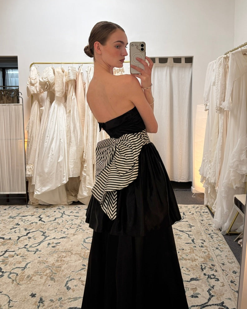 Vintage 1988 Jessica McClintock Gunne Sax black evening gown with striped bow