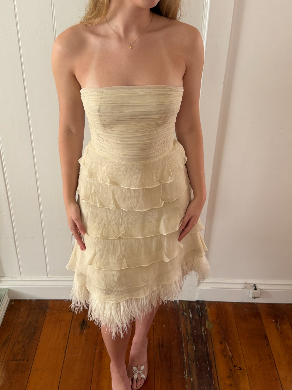 Vintage Y2K silk tiered midi dress with ostrich feather trim