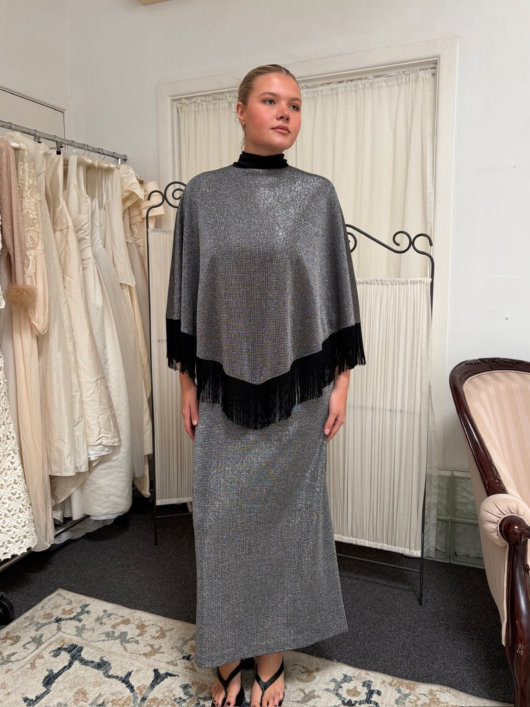Vintage 70s silver evening dress with matching fringed cape