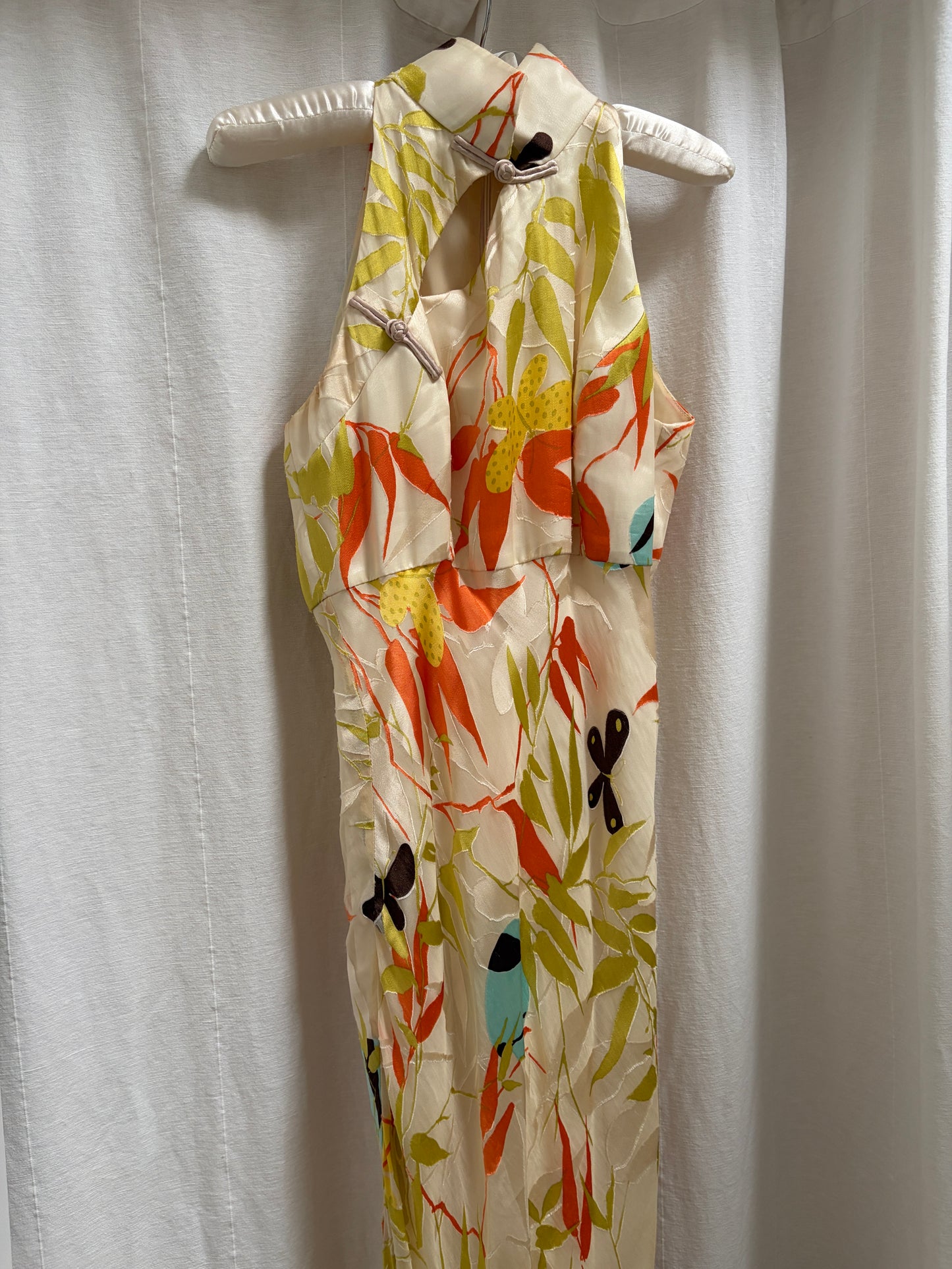 Vintage 00s silk butterfly print high neck dress with frog clasps