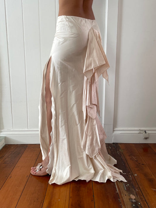 Vintage 90s silk ballerina pink ruffle maxi skirt