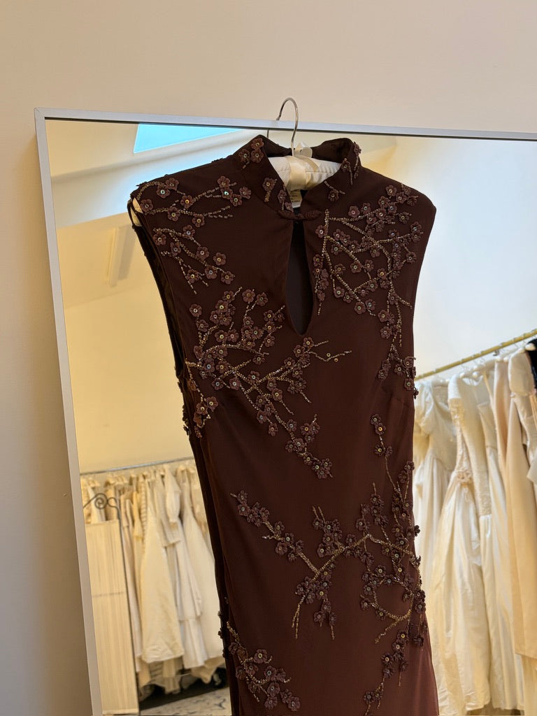 Vintage 00s Sue Wong high neck brown ombre beaded evening dress