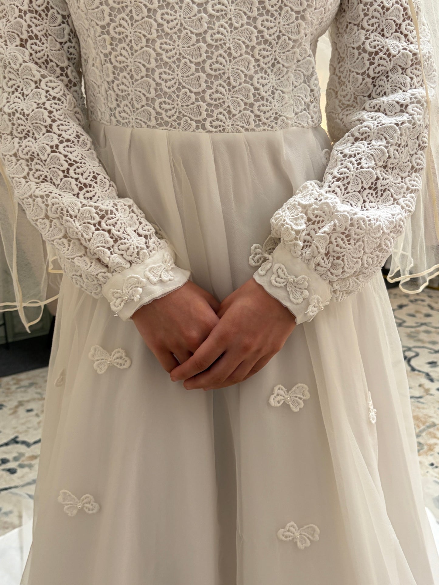 Vintage 60s long sleeve guipure lace wedding gown with applique train