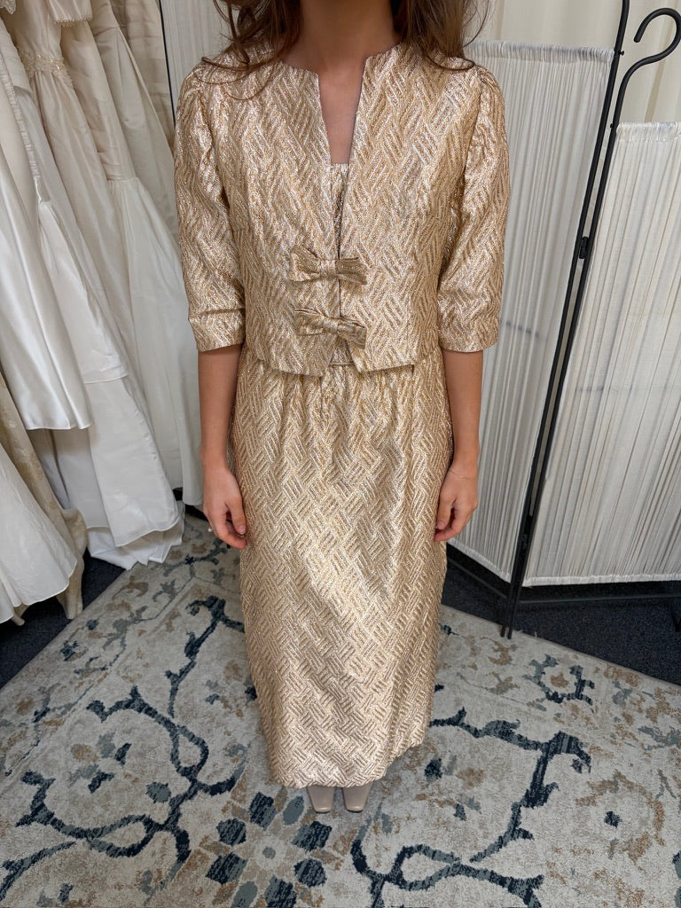 Vintage 60s gold sheath dress with matching bow jacket