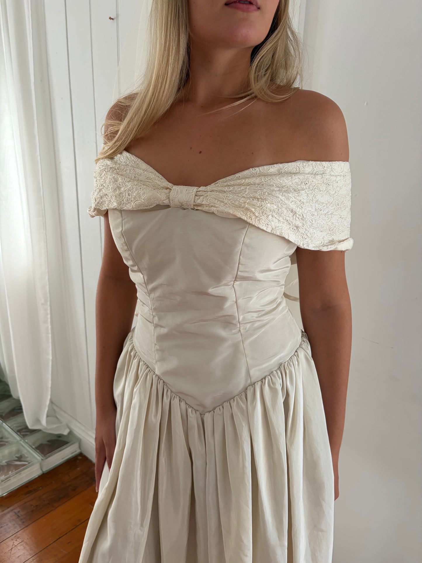 Vintage 90s cream basque waist off shoulder wedding dress