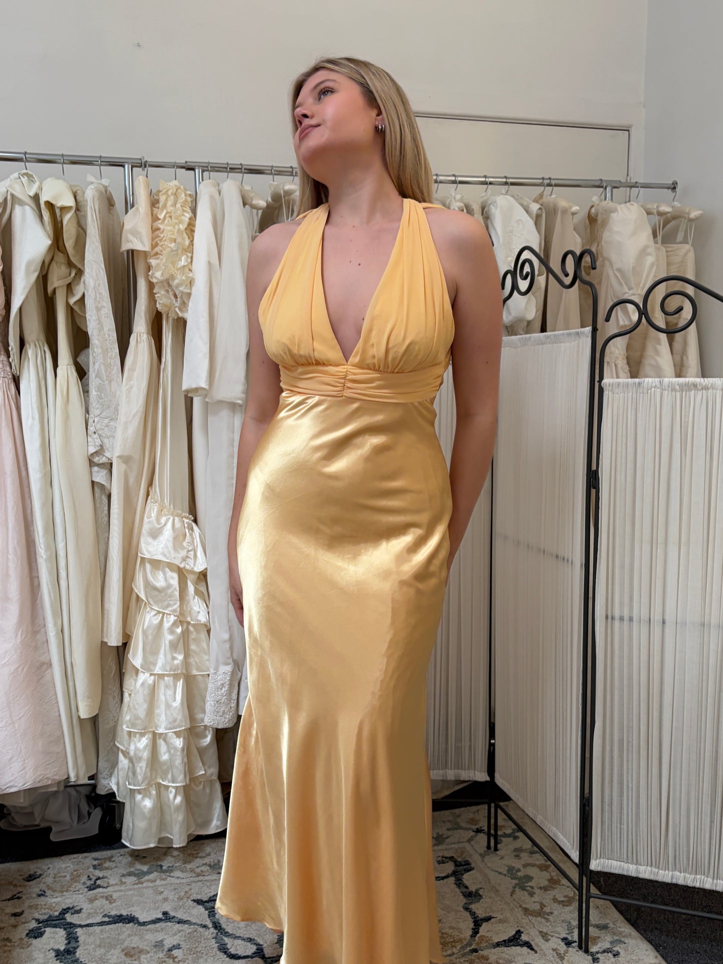 Vintage 00s yellow plunge neck satin open back evening gown with chiffon trim
