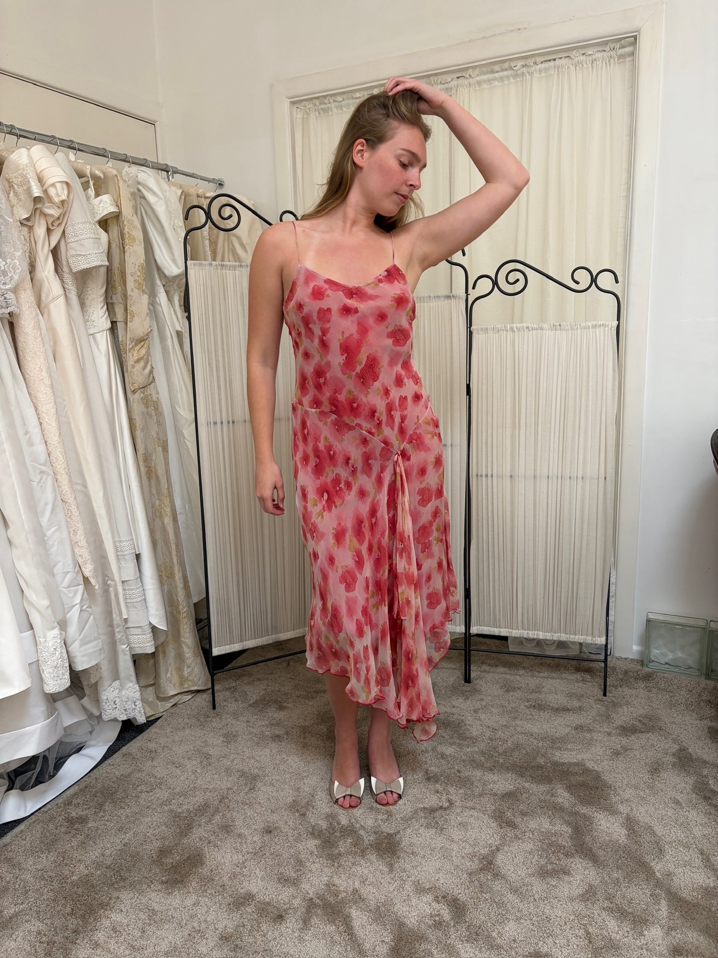 Vintage 00s bias cut pink floral watercolour silk slip dress