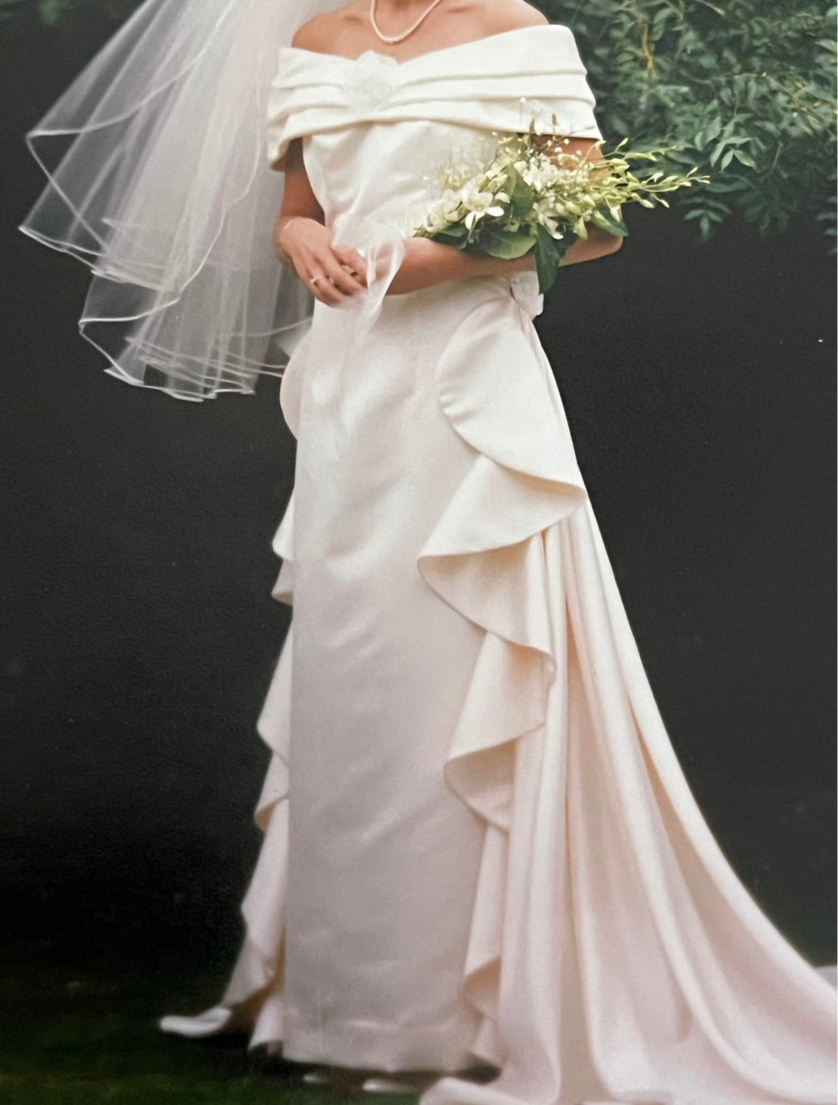 Vintage 1997 silk off shoulder wedding dress with rosettes