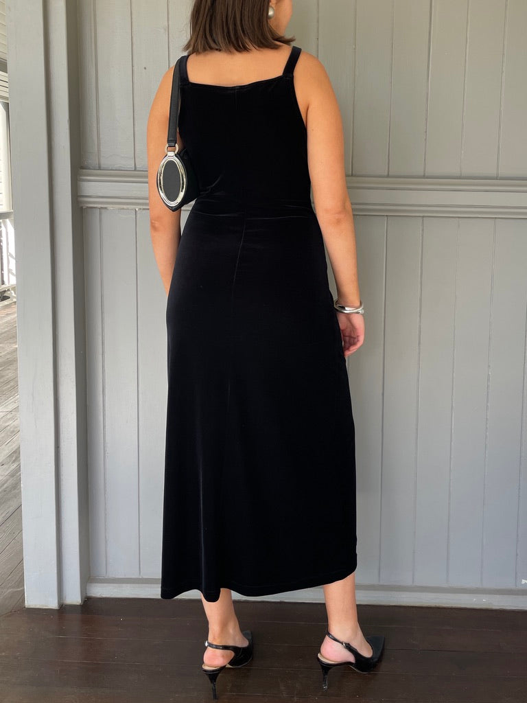 Vintage 90s high neck black velvet midi dress