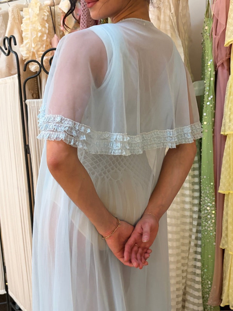 Vintage 50s ice blue sheer nylon slip dress and cape