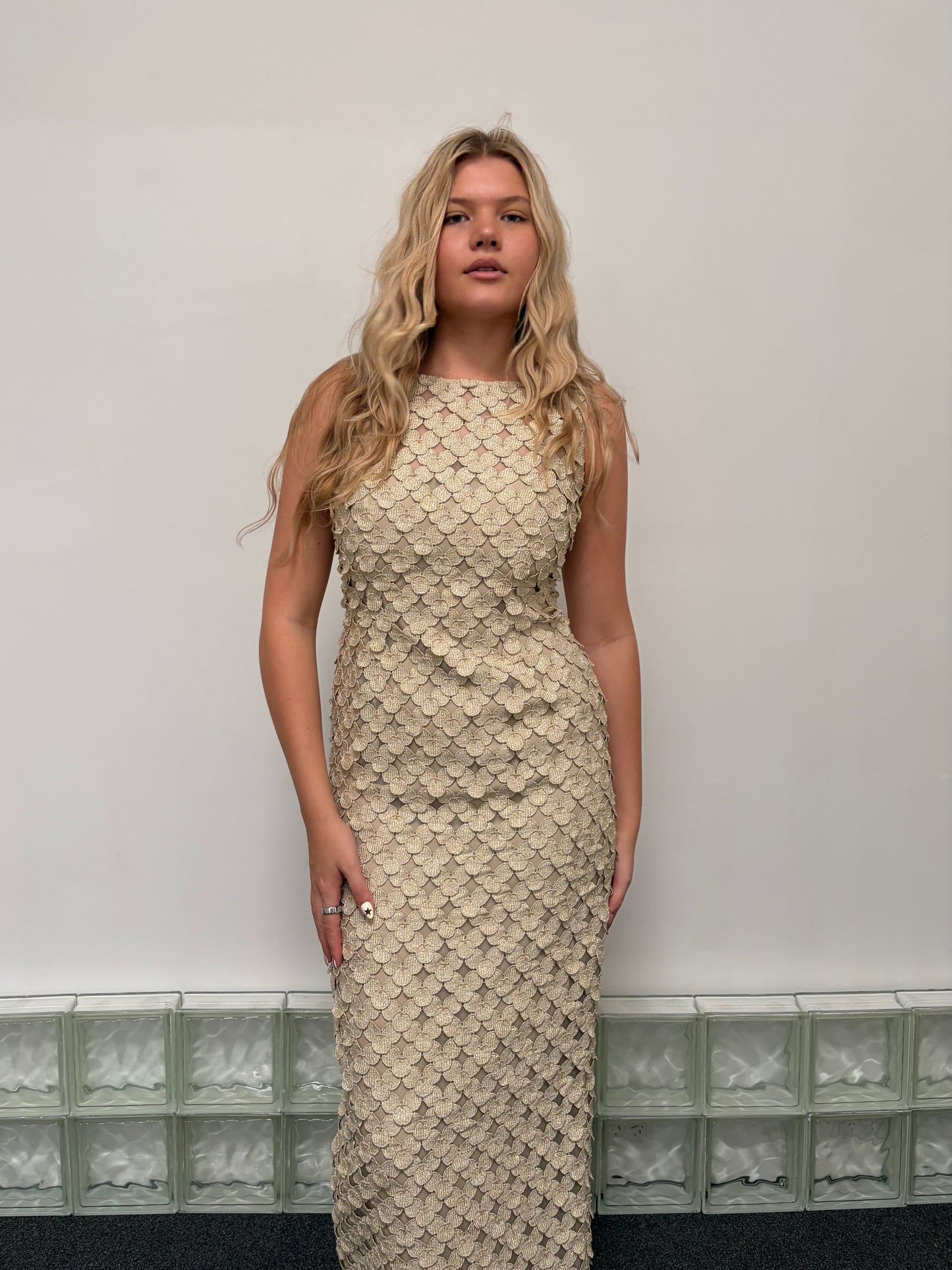 Vintage 90s couture gold laser cut high neck evening gown