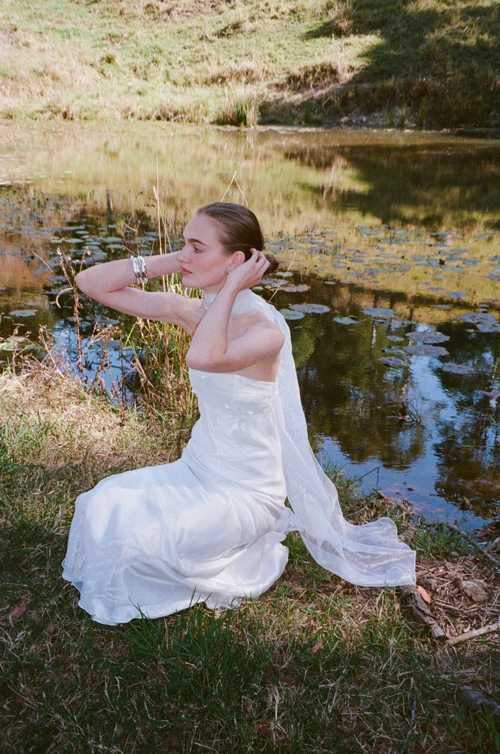 Vintage 90s strapless organza gown with neck scarf