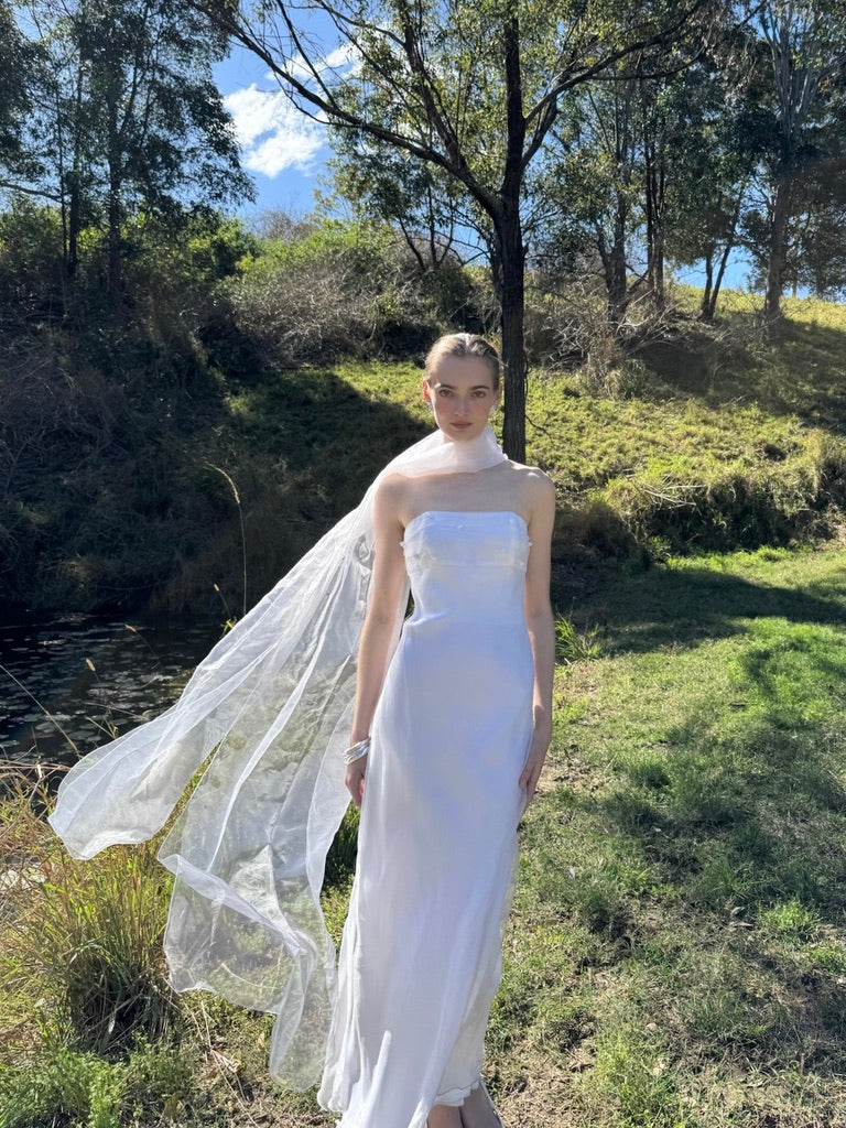 Vintage 90s strapless organza gown with neck scarf