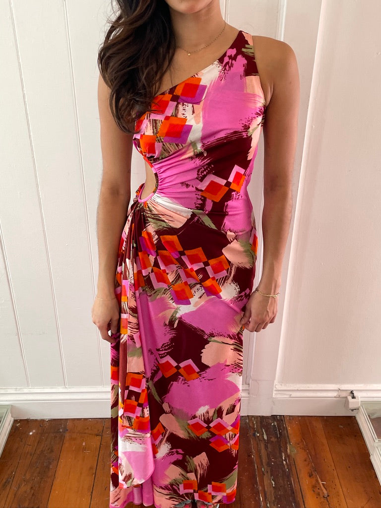 Vintage 70s colourful one shoulder maxi dress with cutout