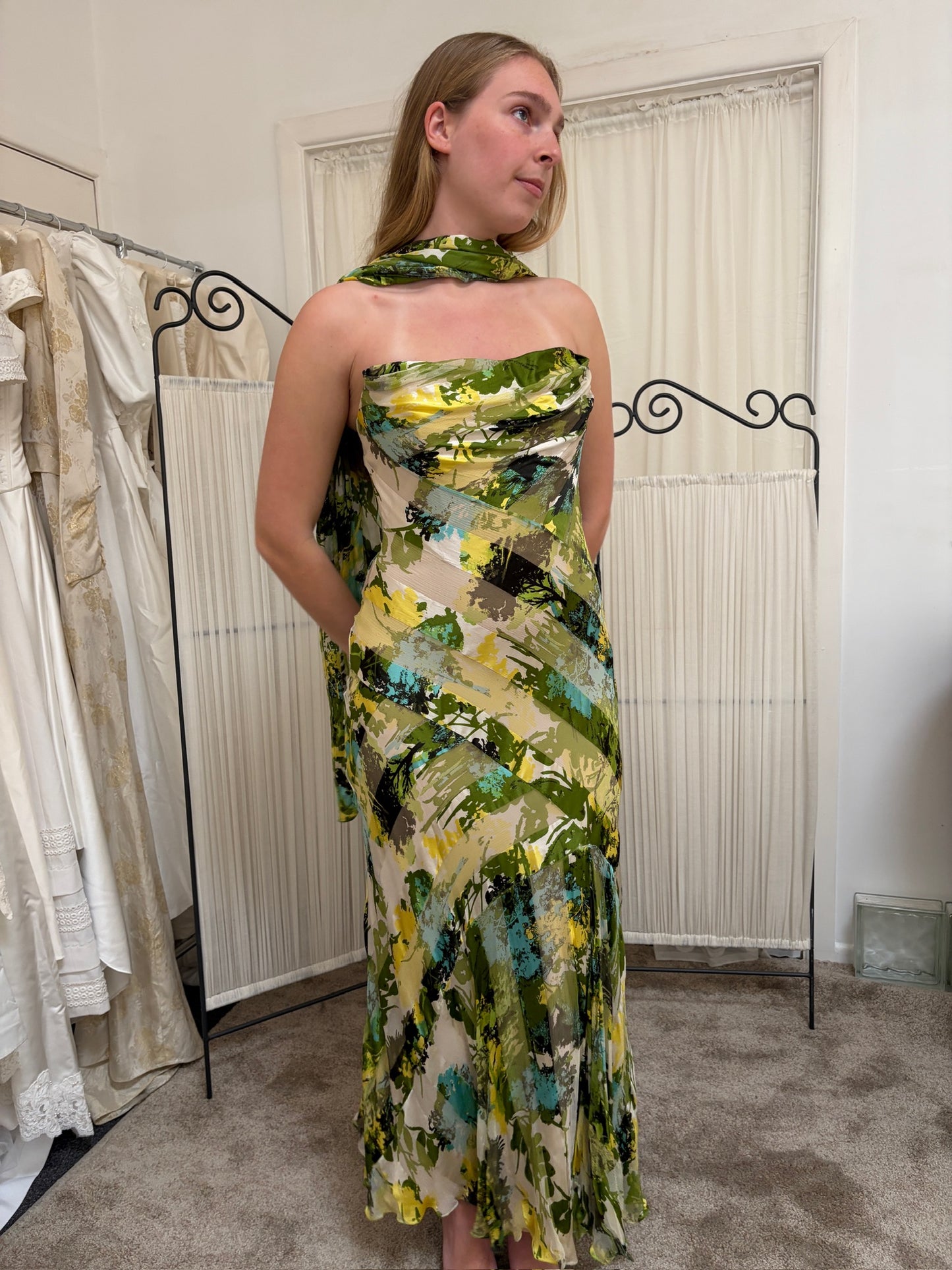 Vintage 00s Melinda Eng silk strapless evening gown with shawl