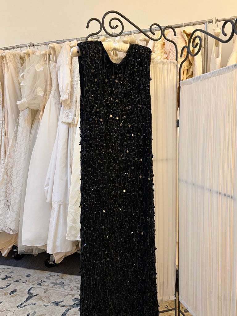 Vintage 80s black beaded column dress with fringed sequins