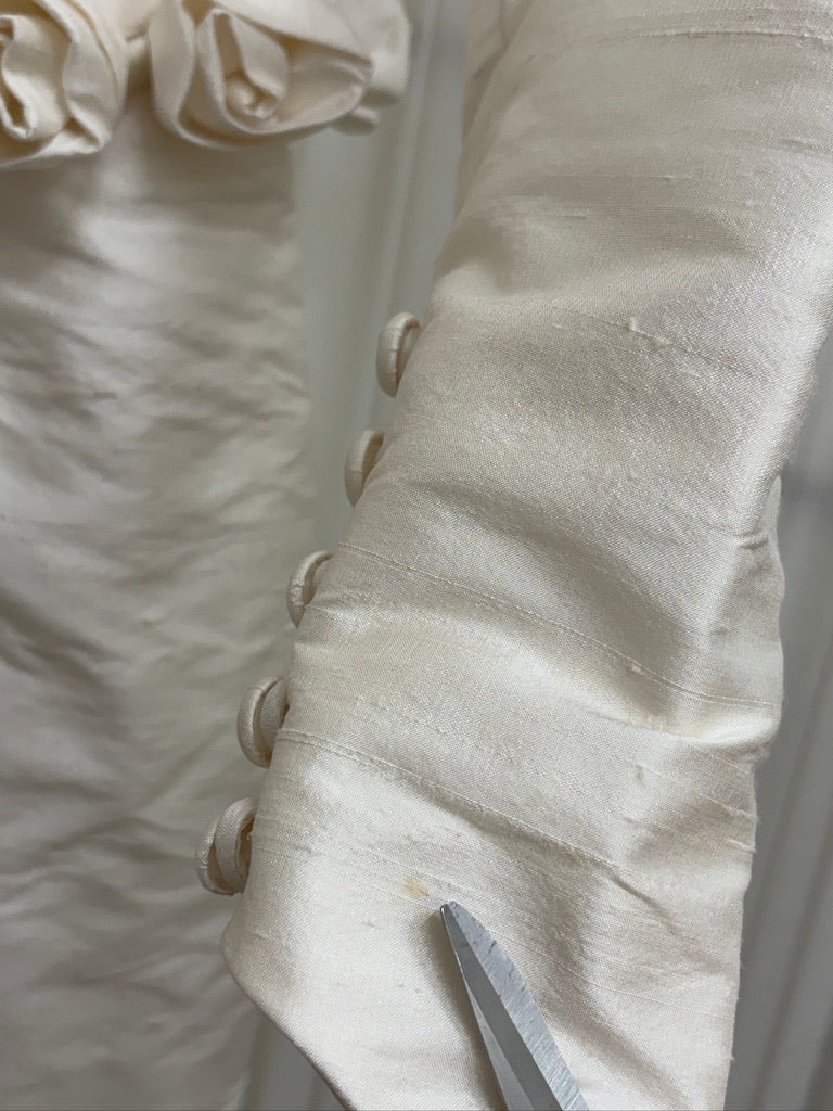 Vintage 90s silk dupion long sleeve rosette wedding gown with detachable train