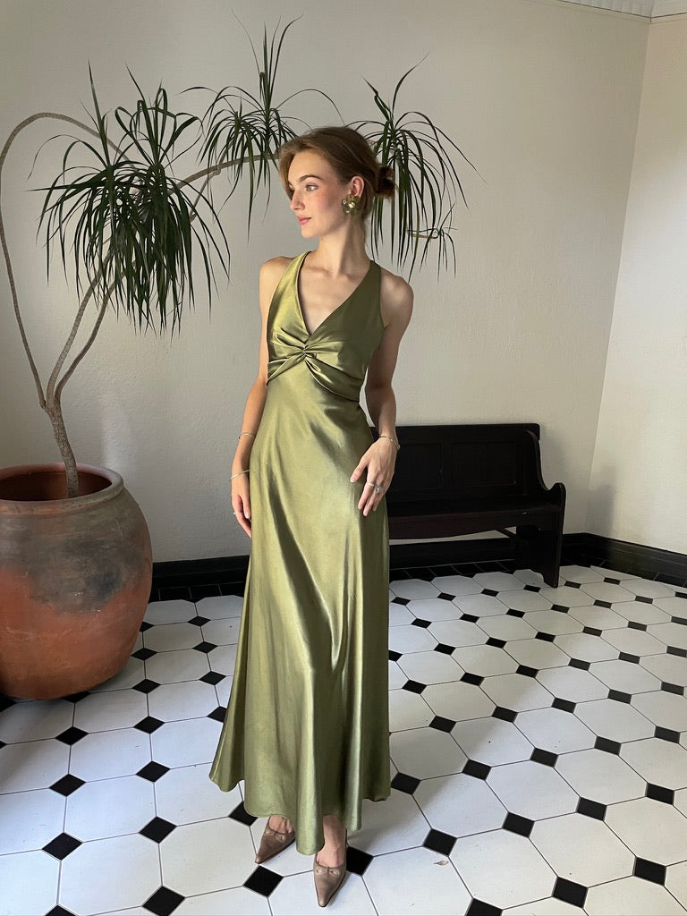 Martini Dress - Vintage 90s olive green satin gown with bow