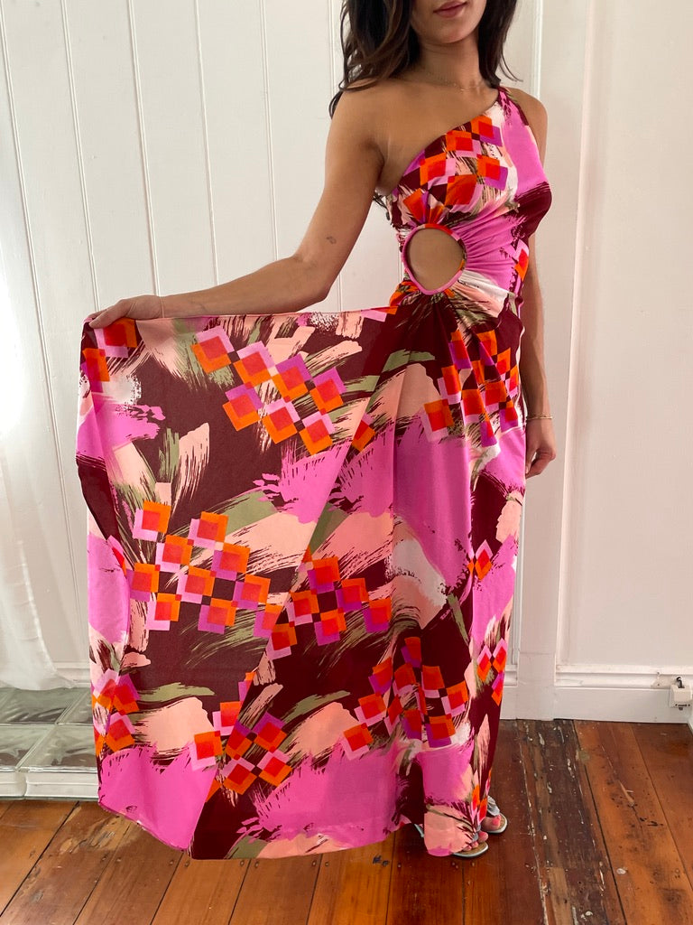 Vintage 70s colourful one shoulder maxi dress with cutout