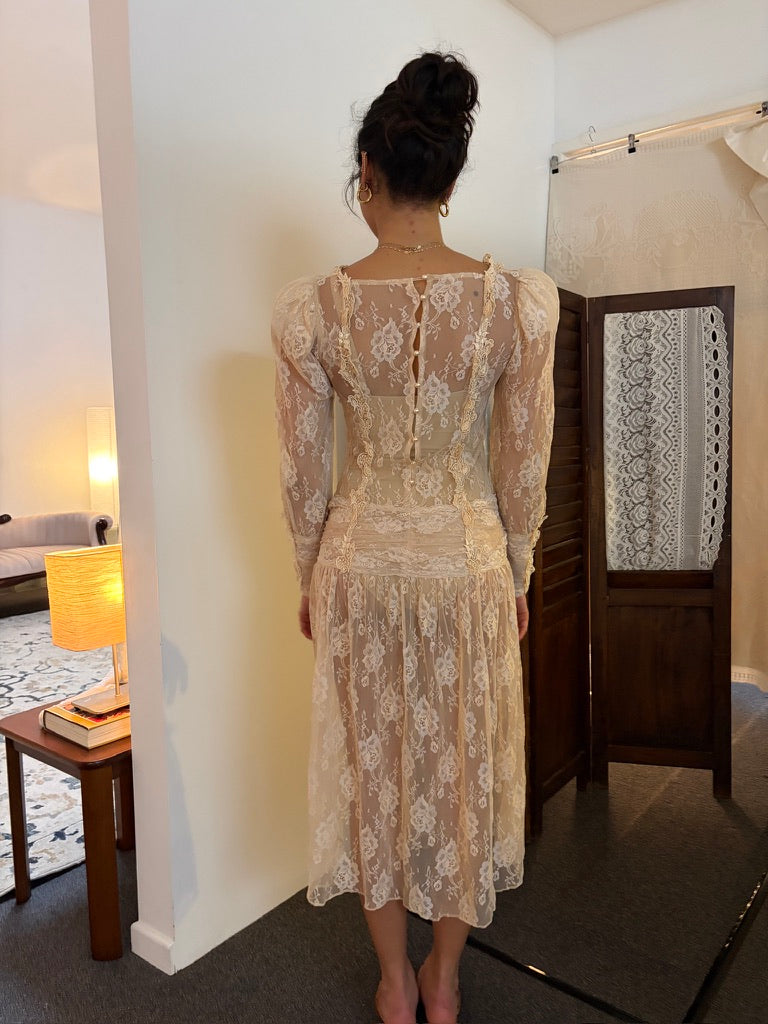 Vintage 80s drop waist long sleeve blush lace midi dress