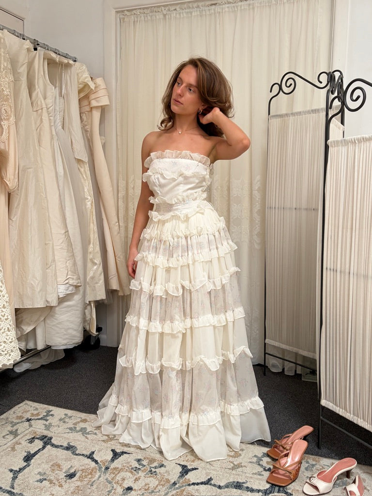 Vintage 60s ivory strapless cupcake dress with floral trim and ruffles