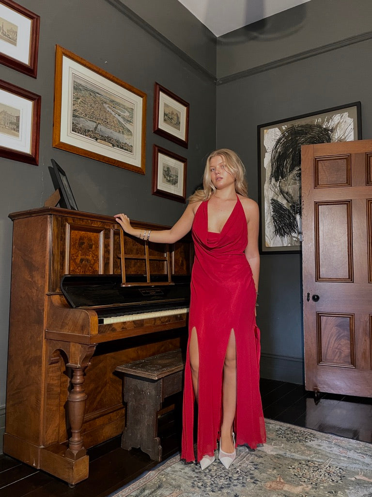 Vintage 90s Ruth Tarvydas red halterneck splice gown