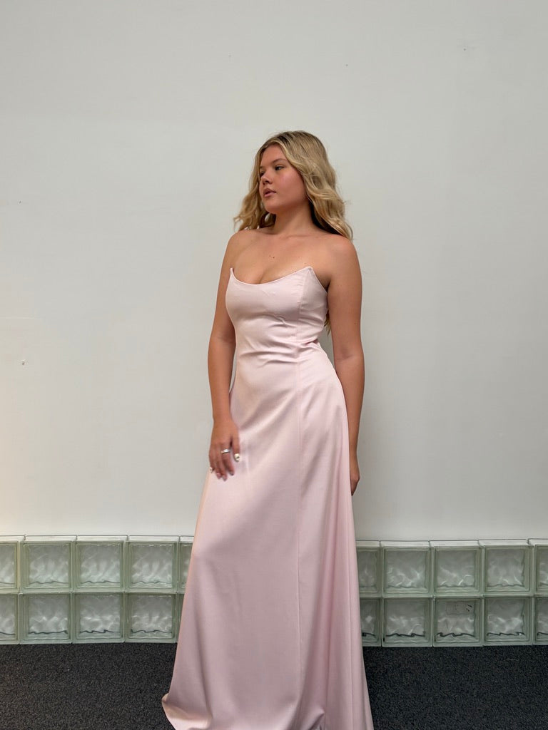 Vintage 90s Shelli Segal baby pink strapless evening gown